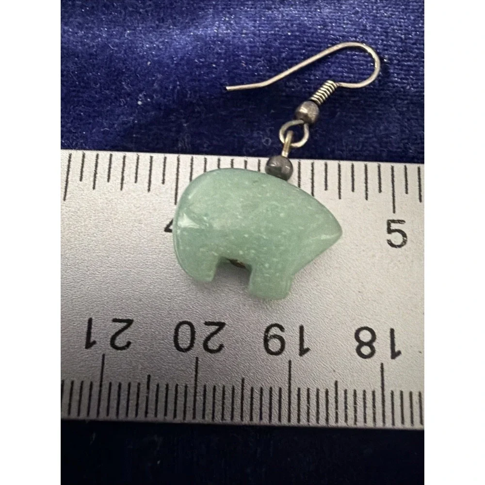 GREEN AGATE HEARTLINE BEAR EARRINGS, Small -Silver Tone Ear Wires
